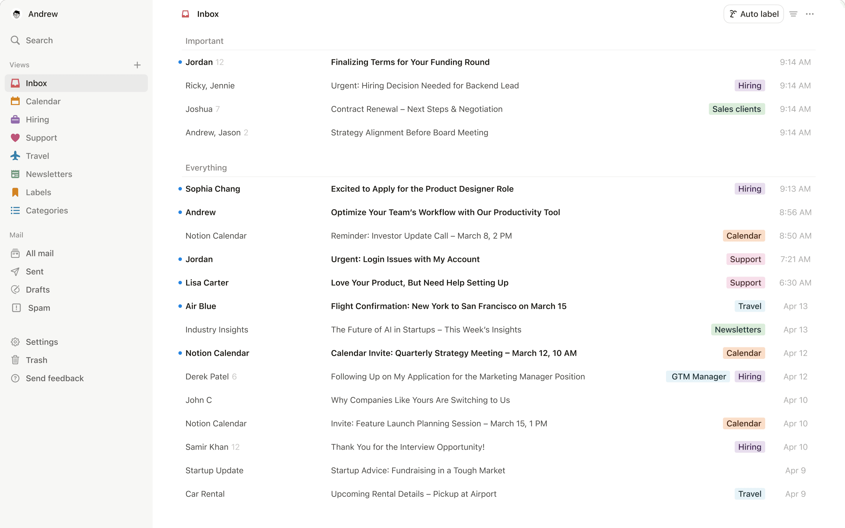 Une capture d’écran de Notion Mail sur desktop