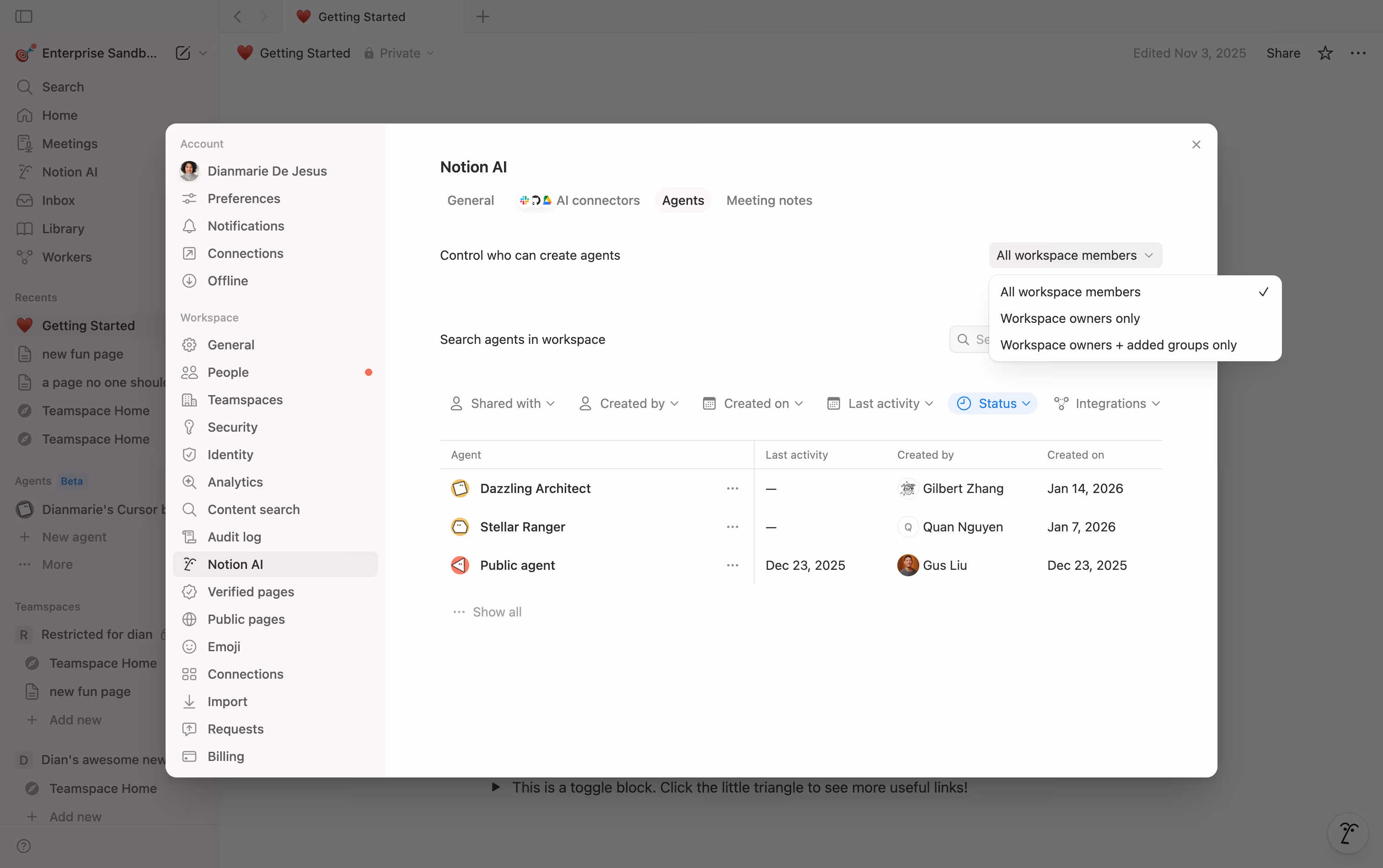 Notion AI 내부의 에이전트 생성 설정