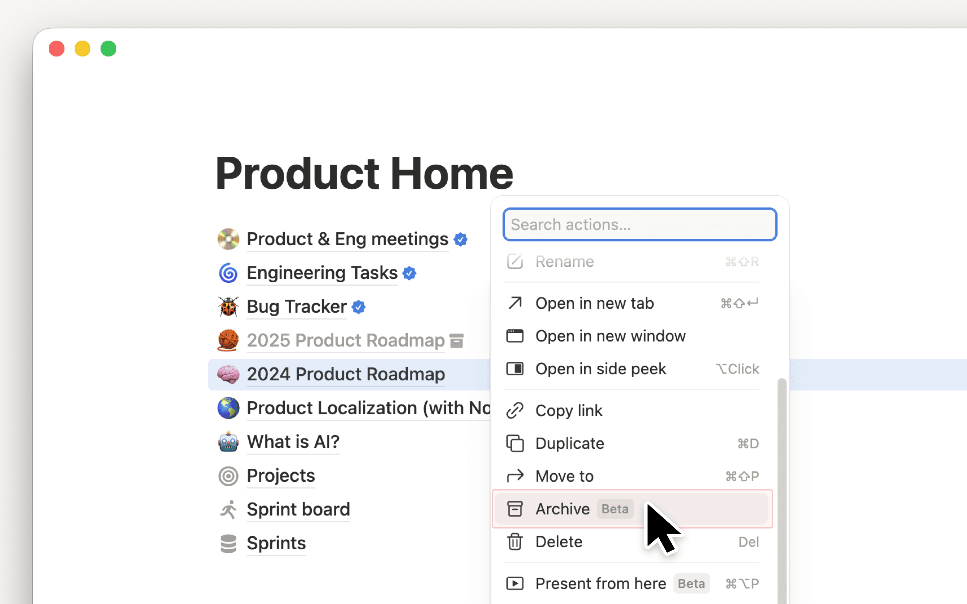 오래된 페이지를 보관하여 워크스페이스를 최신 상태로 유지하세요