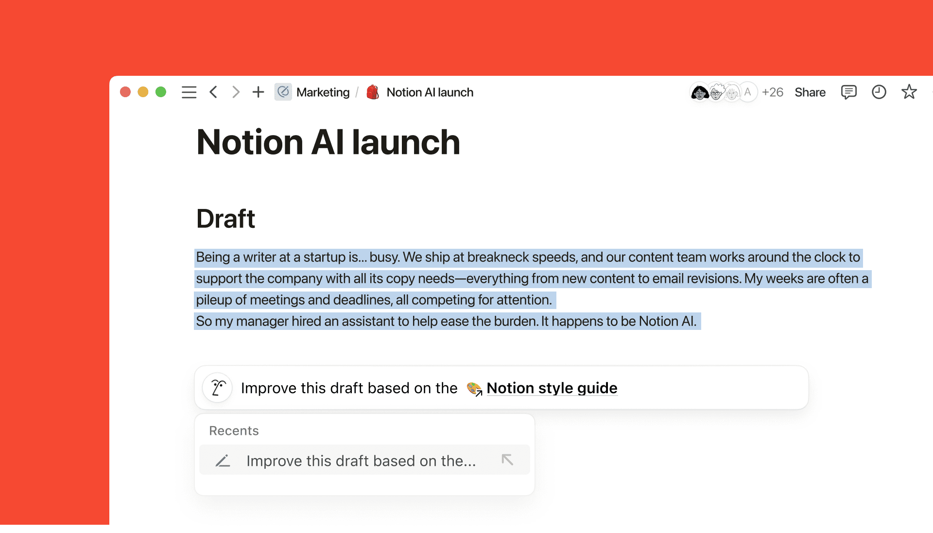 Notion AI는 나만의 개인 에디터가 되어 사소한 실수를 하지 않게 도와주고 구조와 흐름에 대한 피드백을 제공해 줍니다.