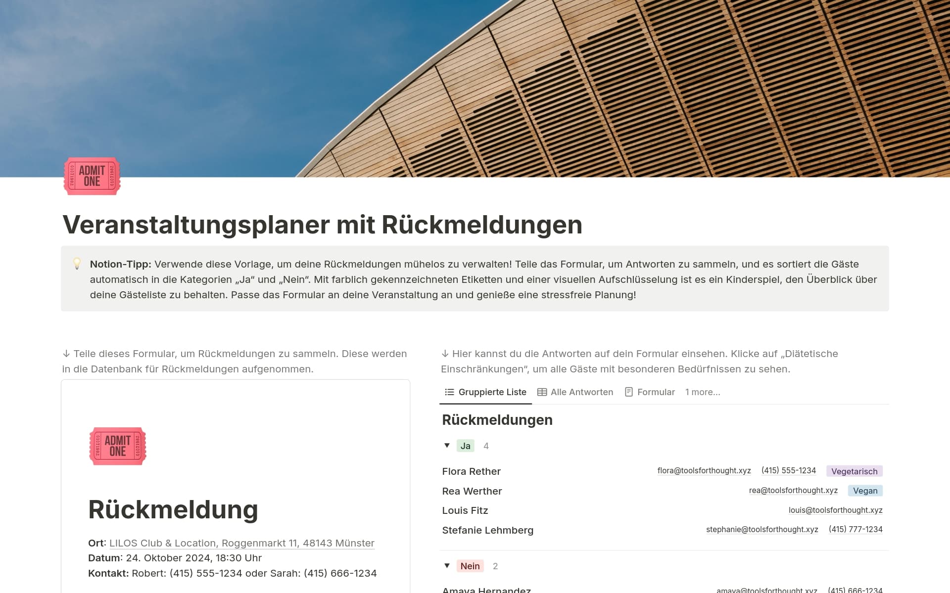 Eine Vorlagenvorschau für Veranstaltungsplaner mit Rückmeldungen
